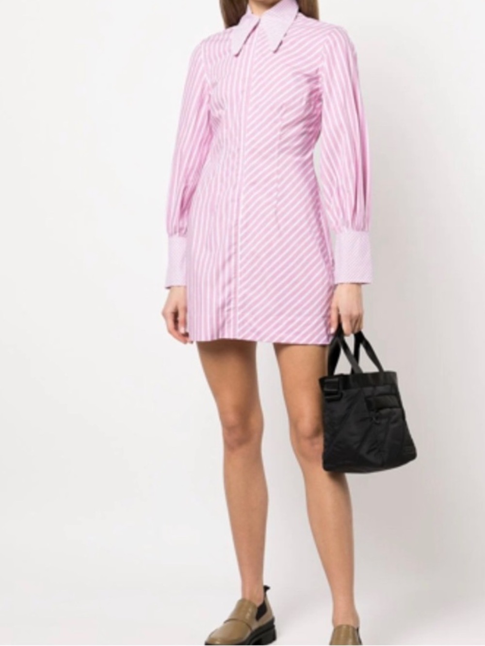 Ganni Pink & White Stripe Zip Up Collared Shirt Dress  Size 34 Eur Career Preppy